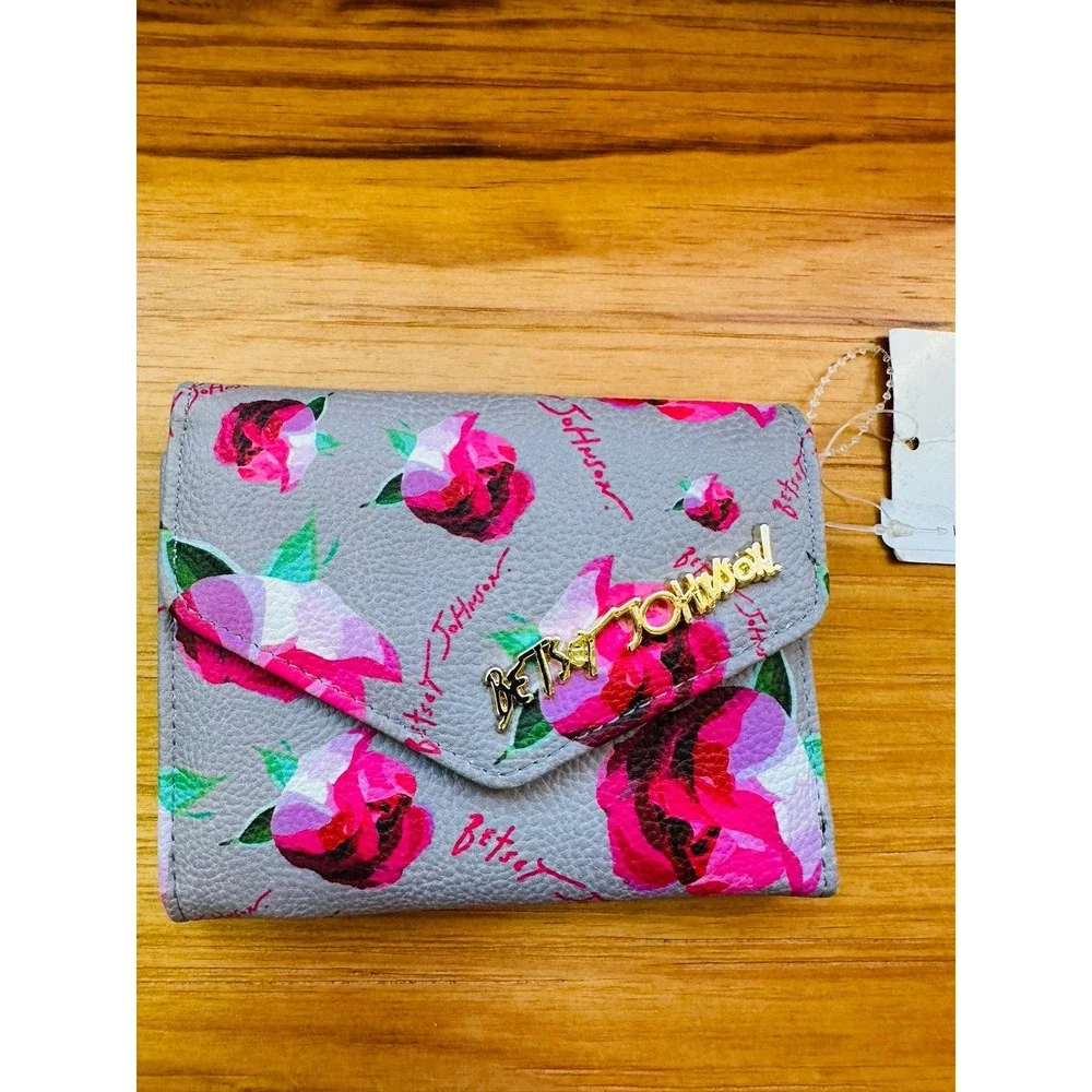 Betsey Johnson‎ Greige XOLANA Flap Wallet Tri-Fold Card Pink Multi Color NWT
